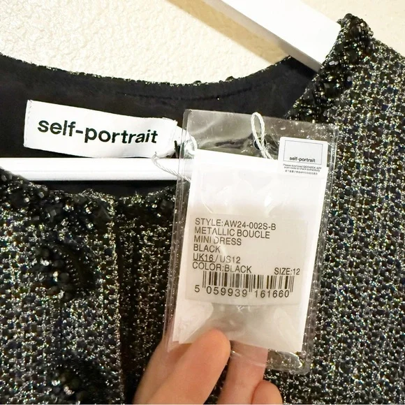 Self Portrait NEW Metallic Boucle Rhinestone Button Pleated Hem Mini Dress US 12 - Picture 12 of 14